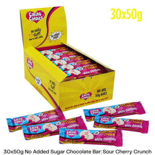 box of 50g Sugarfree White chocolate with sour cherry flavoured candy crunch by caring candies