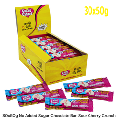 Caring Candies No Added Sugar Chocolate | WHITE + SOUR CHERRY CRUNCH | 30x50g Shipper