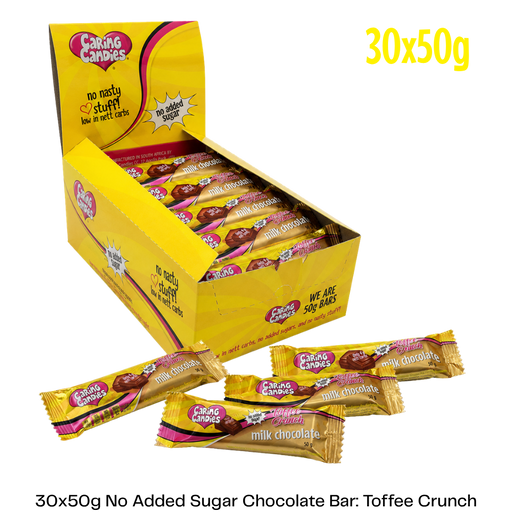 Box of Caring Candies with toffee flavoured milk chocolate bars on a white background