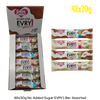 bulk shipper carton showing 48x30g sugarfree caring candies chocolate bars in assorted milk and white chocolate flavours