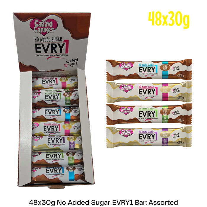 bulk shipper carton showing 48x30g sugarfree caring candies chocolate bars in assorted milk and white chocolate flavours