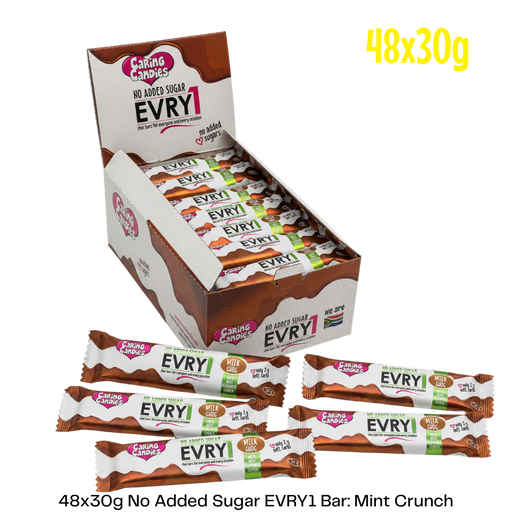box of Caring Candies No Added Sugar EVRY1 White chocolate with peppermint  flavoured crunch bars
