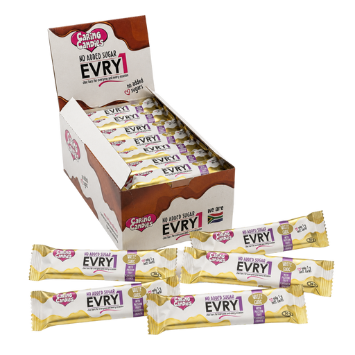 bulk shipper carton showing 48x30g sugarfree evry1 milk chocolate bars with passion fruit flavoured crunch by caring candies