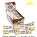 bulk shipper carton showing 48x30g sugarfree evry1 milk chocolate bars with passion fruit flavoured crunch by caring candies