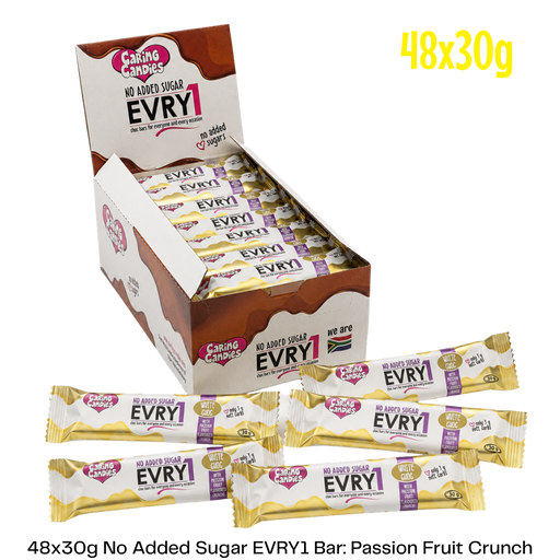 bulk shipper carton showing 48x30g sugarfree evry1 milk chocolate bars with passion fruit flavoured crunch by caring candies