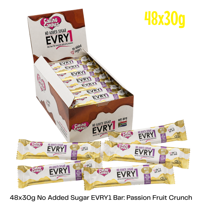 bulk shipper carton showing 48x30g sugarfree evry1 milk chocolate bars with passion fruit flavoured crunch by caring candies