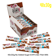Box of EVRY1 chocolate bars labeled 48 x 30g plain milk.