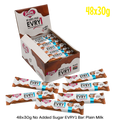 Box of EVRY1 chocolate bars labeled 48 x 30g plain milk.
