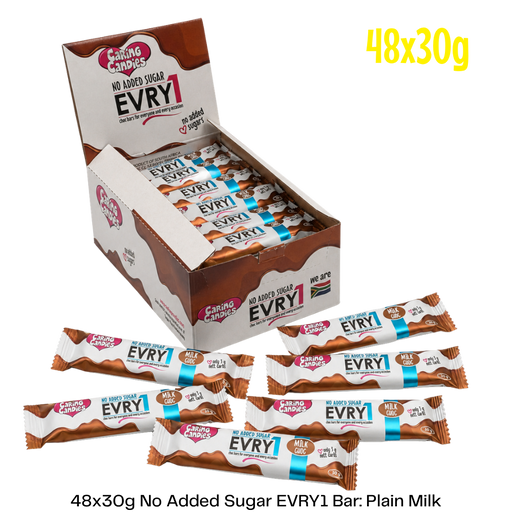 Box of EVRY1 chocolate bars labeled 48 x 30g plain milk.