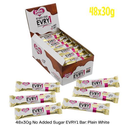 bulk shipper carton showing 48x30g sugarfree evry1 white chocolate bars by caring candies