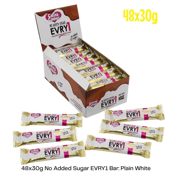 bulk shipper carton showing 48x30g sugarfree evry1 white chocolate bars by caring candies
