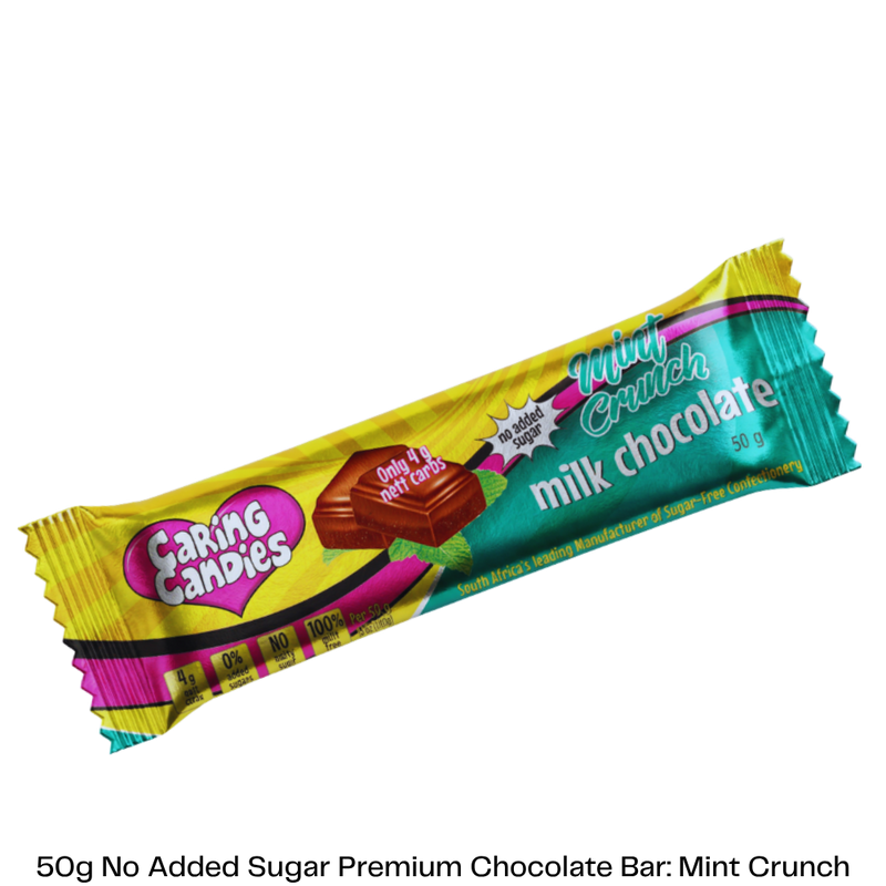 50g No Added Sugar milk with mint chocolate bar by caring candies