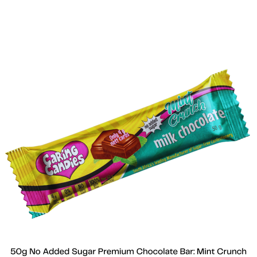 50g No Added Sugar milk with mint chocolate bar by caring candies