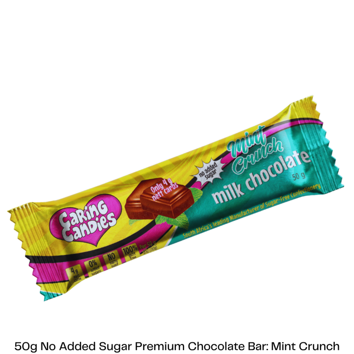 50g No Added Sugar milk with mint chocolate bar by caring candies