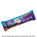 Bar of Caring Candies sugarfree plain white chocolate with 'Premium Quality' label on a white background