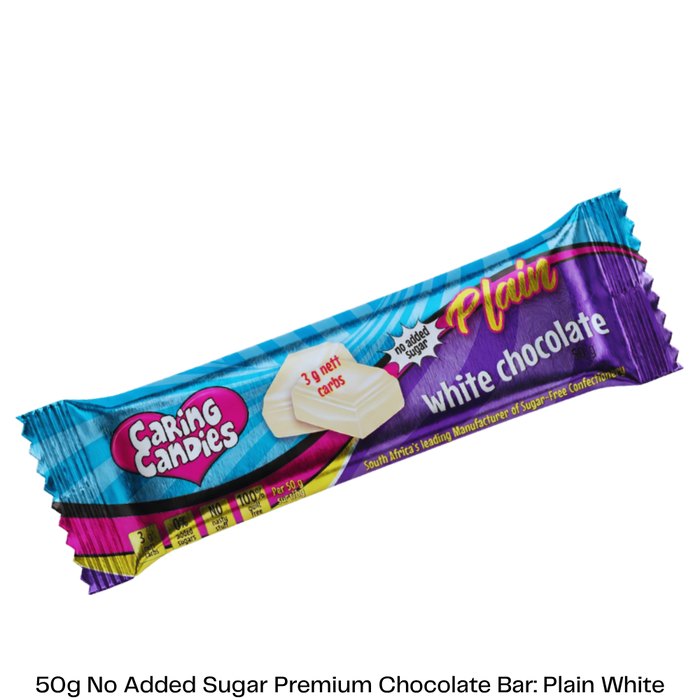 Bar of Caring Candies sugarfree plain white chocolate with 'Premium Quality' label on a white background