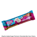 50g Sugarfree White chocolate with sour cherry flavoured candy crunch by caring candies