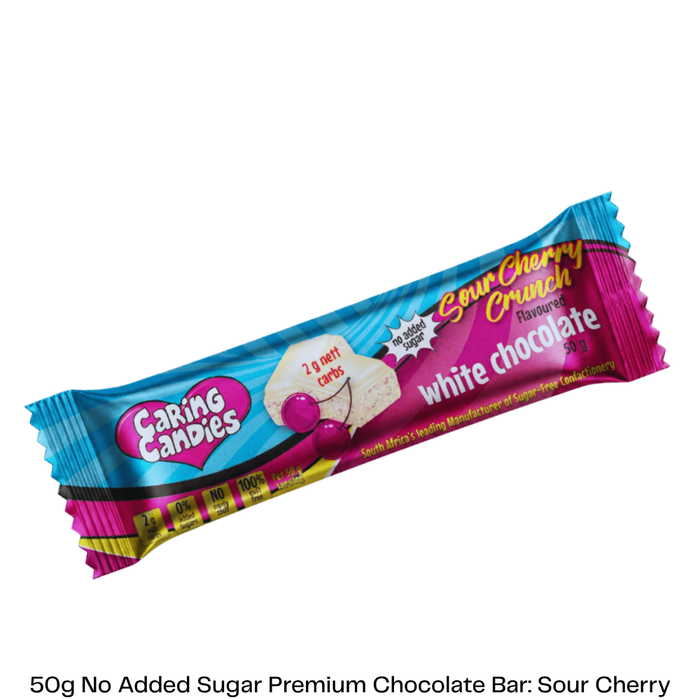 50g Sugarfree White chocolate with sour cherry flavoured candy crunch by caring candies