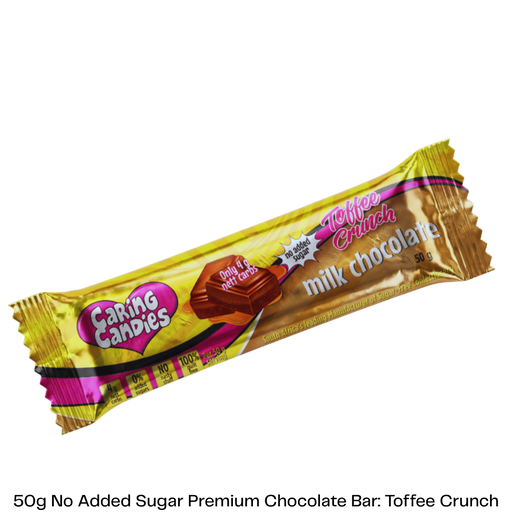 Caring Candies Premium sugarfree Toffee Crunch chocolate bar packaging on a clear background