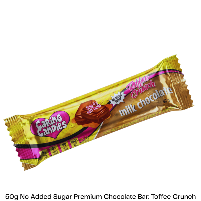 Caring Candies Premium sugarfree Toffee Crunch chocolate bar packaging on a clear background