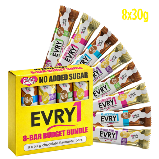 box of 8 no added sugar assorted EVRY1 chocolate-flavored bars with packaging 