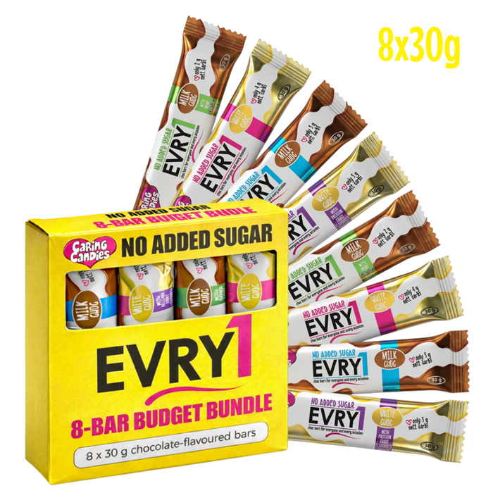 box of 8 no added sugar assorted EVRY1 chocolate-flavored bars with packaging 