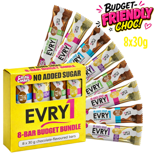 box of 8 no added sugar assorted EVRY1 chocolate-flavored bars with packaging 