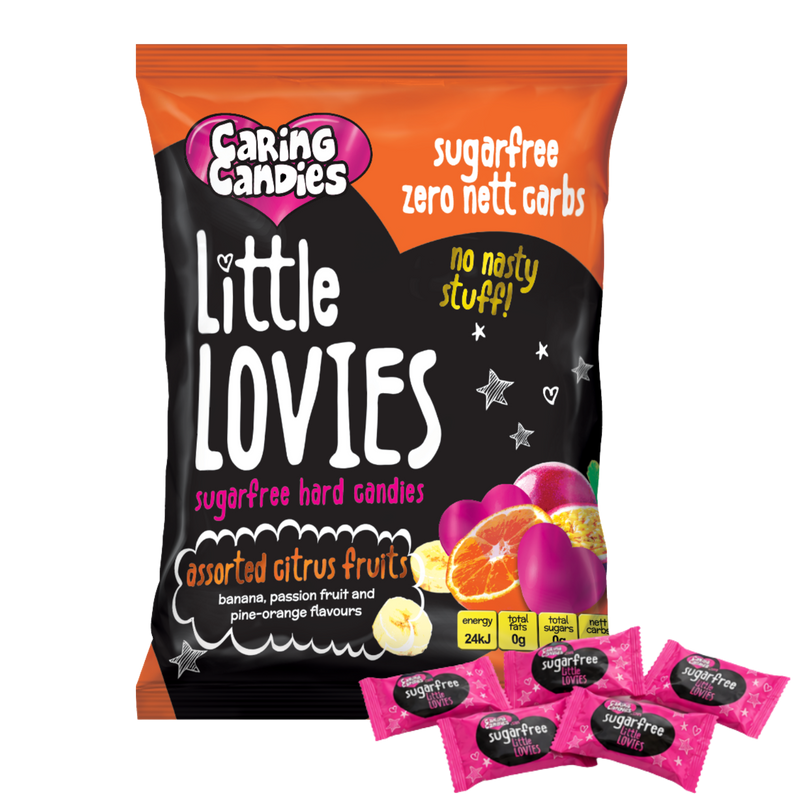 Packaging of 100g Caring Candies Sugarfree Little Lovies assorted citrus flavoured sweets like banana, pine-orange, and passion fruit, on a transparent background