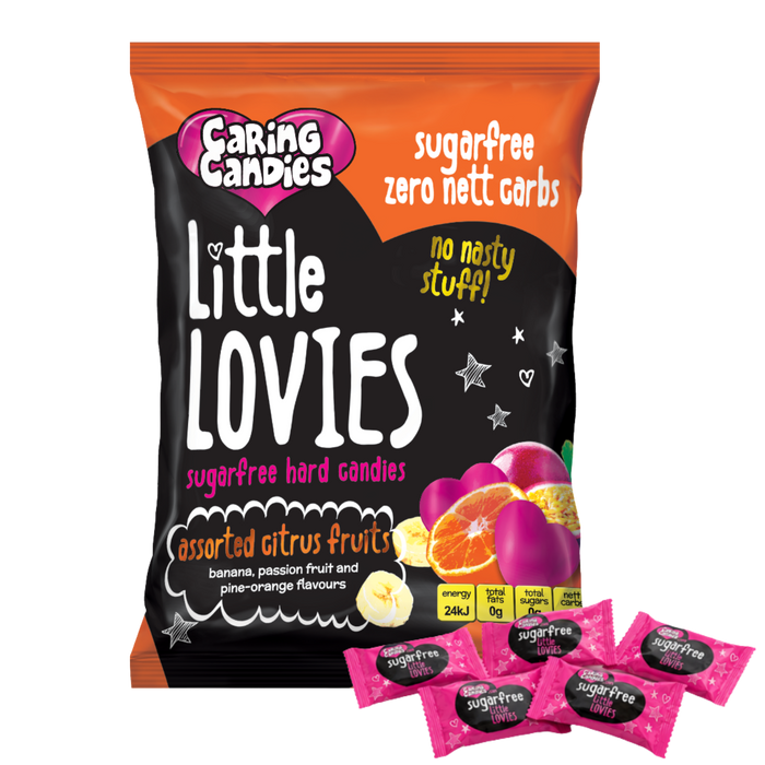 Packaging of 100g Caring Candies Sugarfree Little Lovies assorted citrus flavoured sweets like banana, pine-orange, and passion fruit, on a transparent background