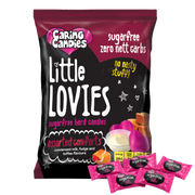 Packaging of 100g Caring Candies Sugarfree Little Lovies assorted comforting flavoured sweets like fudge, toffee, and condensed milk, on a transparent background