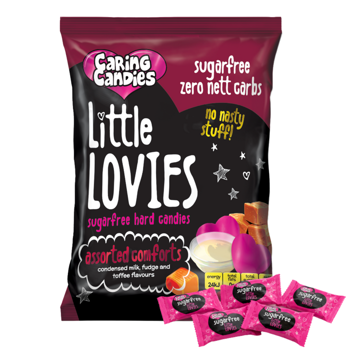 Packaging of 100g Caring Candies Sugarfree Little Lovies assorted comforting flavoured sweets like fudge, toffee, and condensed milk, on a transparent background
