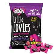 Packaging of 100g Caring Candies Sugarfree Little Lovies assorted fruity flavoured sweets on a transparent background