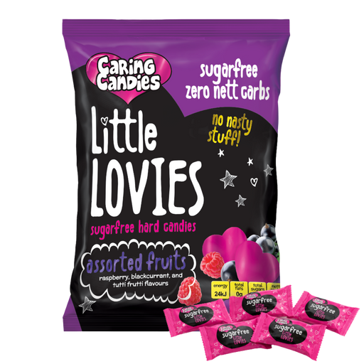 Packaging of 100g Caring Candies Sugarfree Little Lovies assorted fruity flavoured sweets on a transparent background