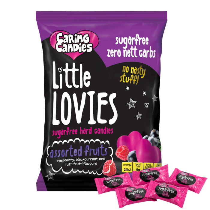 Packaging of 100g Caring Candies Sugarfree Little Lovies assorted fruity flavoured sweets on a transparent background