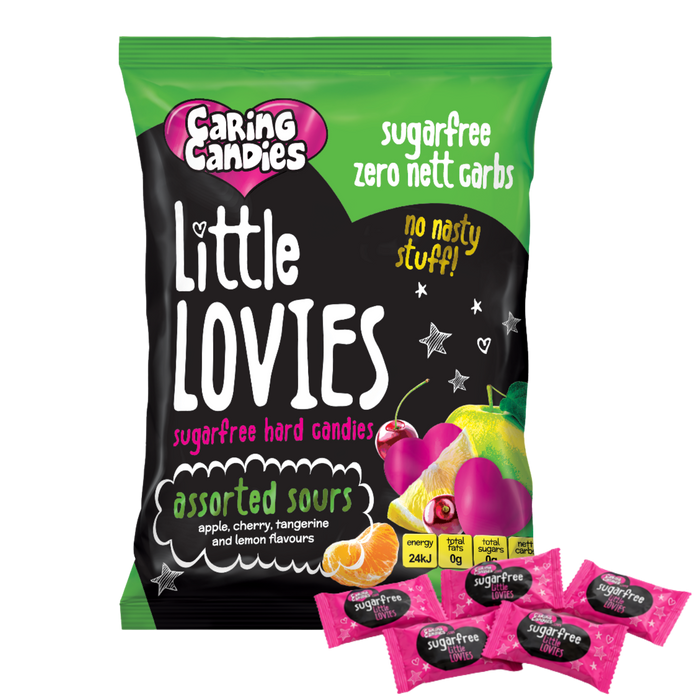 Packaging of 100g Caring Candies Sugarfree Little Lovies assorted sour flavoured sweets on a transparent background