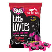 Packaging of 100g Caring Candies Sugarfree Little Lovies liquorice flavoured sweets on a transparent background