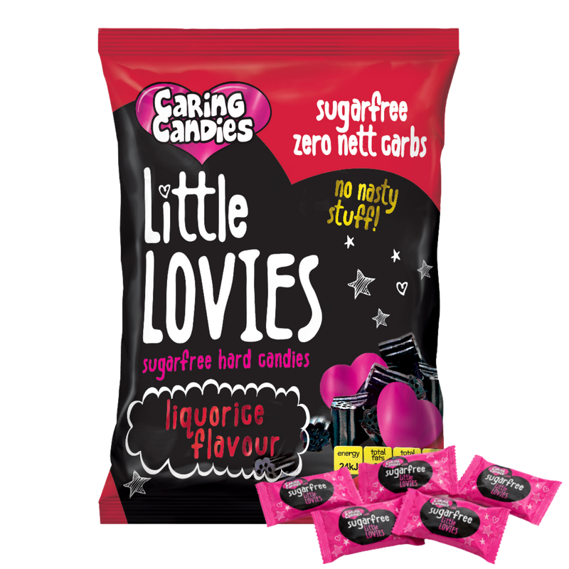 Packaging of 100g Caring Candies Sugarfree Little Lovies liquorice flavoured sweets on a transparent background