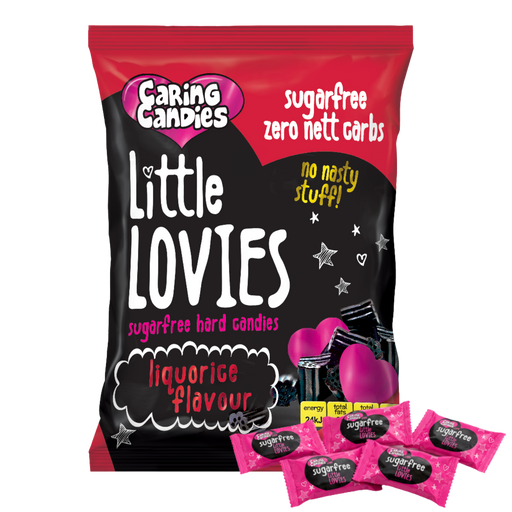 Packaging of 100g Caring Candies Sugarfree Little Lovies liquorice flavoured sweets on a transparent background