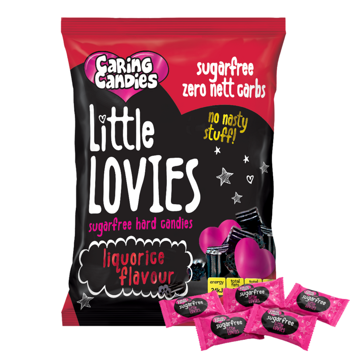 Packaging of 100g Caring Candies Sugarfree Little Lovies liquorice flavoured sweets on a transparent background
