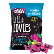 Packaging of 100g Caring Candies Sugarfree Little Lovies peppermint flavoured sweets on transparent background