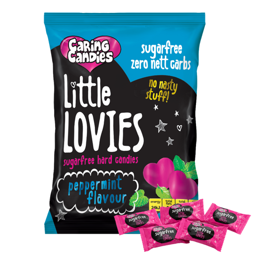 Packaging of 100g Caring Candies Sugarfree Little Lovies peppermint flavoured sweets on transparent background