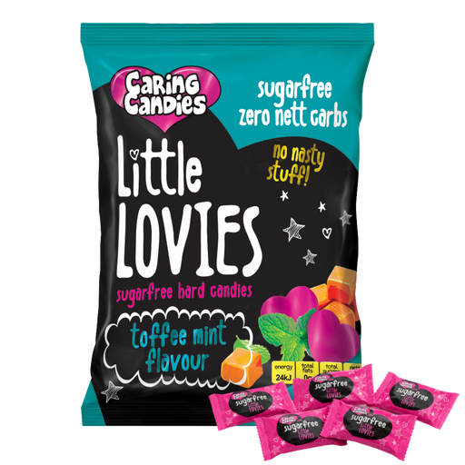 Packaging of 100g Caring Candies Sugarfree Little Lovies toffee mint flavoured sweets on transparent background