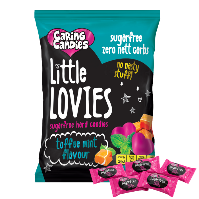 Packaging of 100g Caring Candies Sugarfree Little Lovies toffee mint flavoured sweets on transparent background