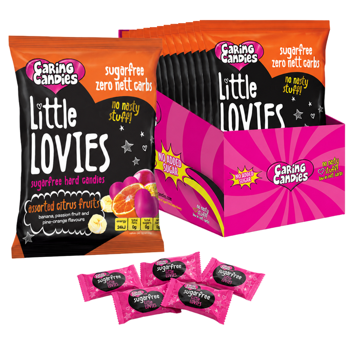 bulk pack of 12 100g sugarfree caring candies assorted citrus flavoured little lovies sweets