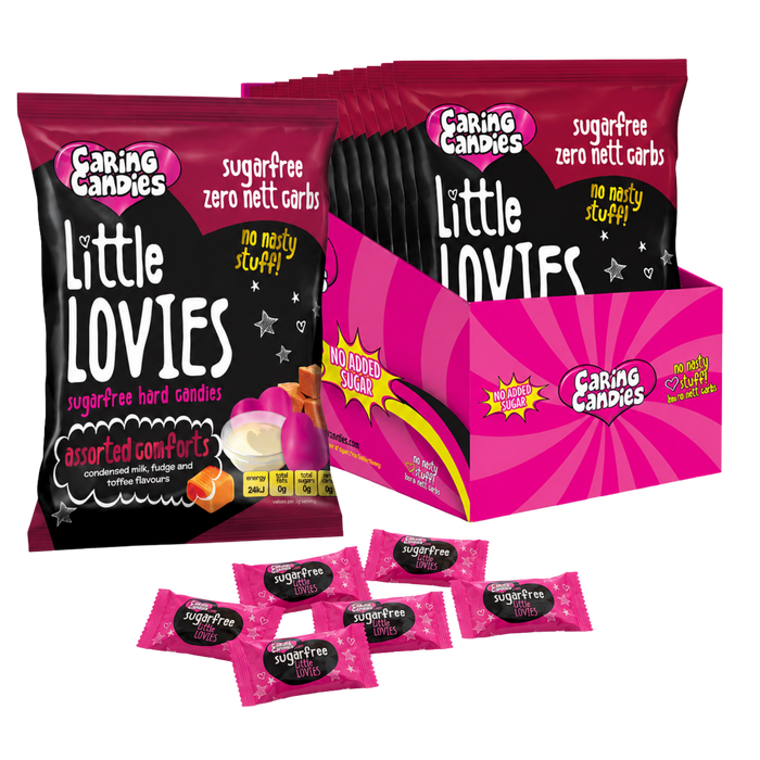 Caring Candies Little Lovies packaging with pink and black design on a white background