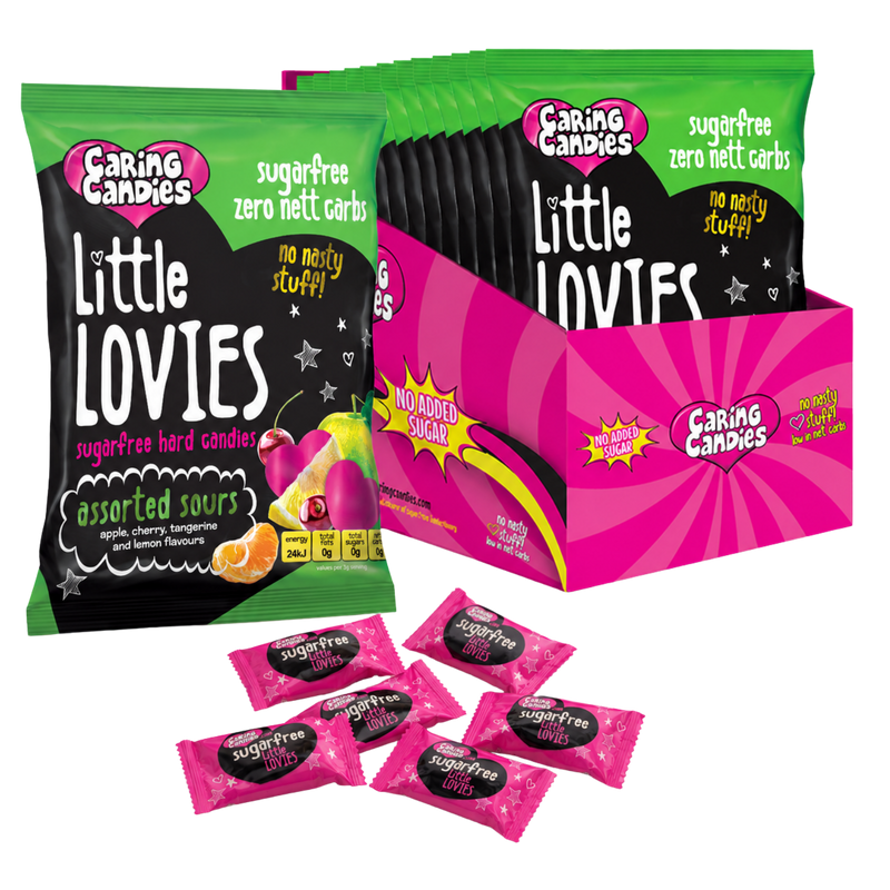 bulk pack of 12 100g sugarfree caring candies assorted sour flavoured little lovies sweets