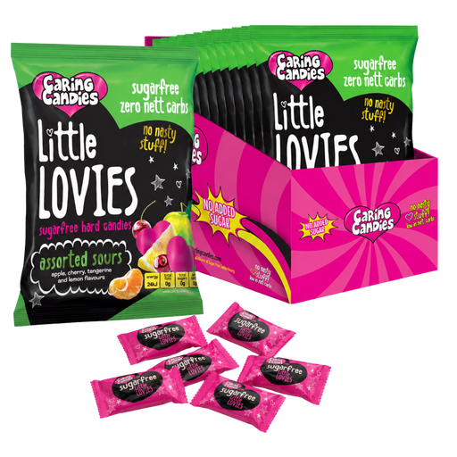 bulk pack of 12 100g sugarfree caring candies assorted sour flavoured little lovies sweets