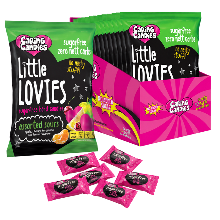 bulk pack of 12 100g sugarfree caring candies assorted sour flavoured little lovies sweets