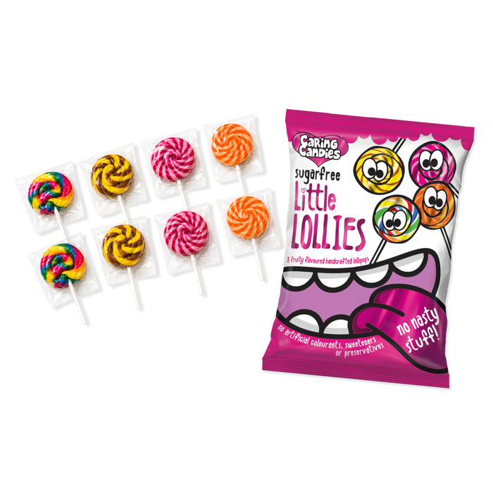 Packaging of Caring Candies sugarfree Little Lollies with colorful lollipops on a clear background