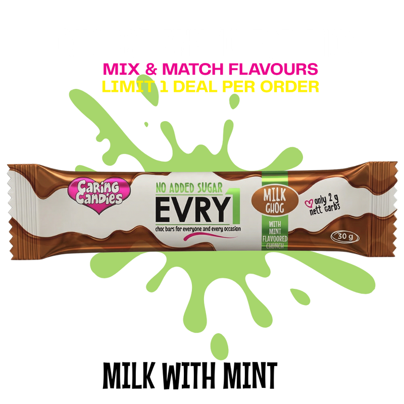 Caring Candies EVRY1 No Added Sugar Choc Bar | MILK + MINT CRUNCH | 30g